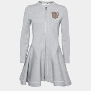 Dior Grey Wool Crest Embellished Zip Front Flared Dress M
