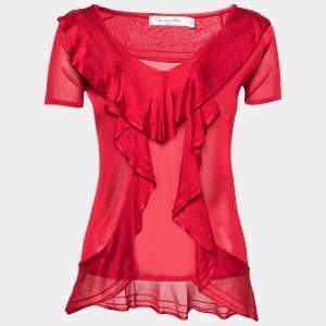 Dior Red Knit Ruffle Trimmed Short Sleeve Top M