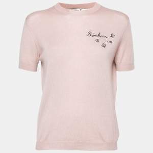 Dior Nude Pink Cashmere Knit Embroidered Detail Short Sleeve Top M