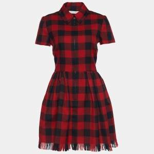 Dior Red & Black Checked Wool Frayed Hem Dress S