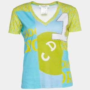 Christian Dior Boutique Blue & Yellow Patchwork Print V Neck T-Shirt M