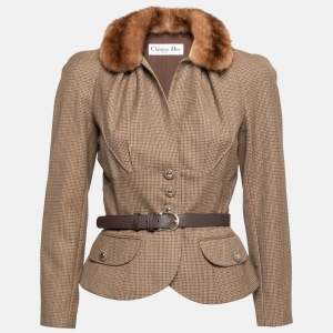 Dior Brown Houndstooth Wool Fur Trim Belted Jacket S