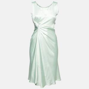 Dior Vintage Green Textured Silk Satin Gathered Sleeveless Dress M