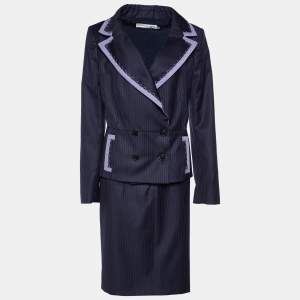 Dior Navy Blue Pinstripe Wool Skirt Suit L