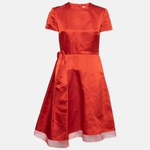 Dior Red Silk Side Pleated Mesh Hem Midi Dress M