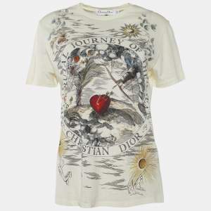 Dior Cream Heart Print Cotton Linen T-Shirt M