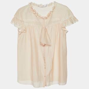 Dior Pale Pink Silk & Lace Ruffled Detail Blouse M