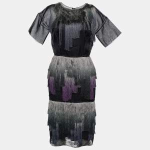 Dior Black Silk & Lace Ombre Fringe Tiered Midi Dress S