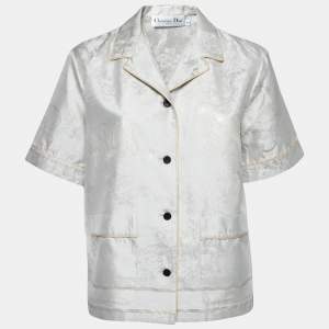 Christian Dior Light Grey & Gold Floral Jacquard Silk Pajama Shirt M