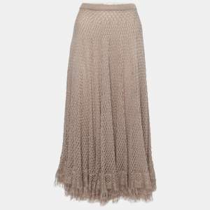 Dior Beige Patterned Open Knit Linen Fringed Skirt S