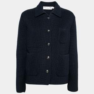 Christian Dior Navy Blue Wool Knit Collared Cardigan M