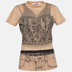 Dior Boutique Peach Trompe l'oeil Print Cotton Crew Neck T-Shirt L 