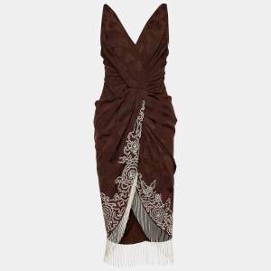 Christian Dior Brown Silk Jacquard Embellished Detail Midi Dress S