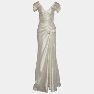 Christian Dior Ivory White Silk Bow Detail Gown S
