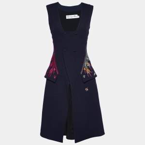 Christian Dior Navy Blue Wool Embroidered Sleeveless Coat S