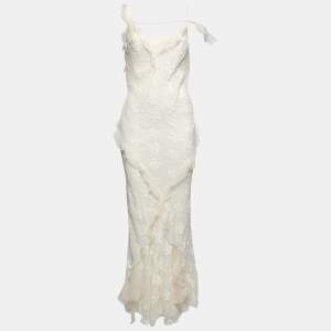 Dior Off White Patterned Silk Ruffle Trimmed Sleeveless Maxi Dress M