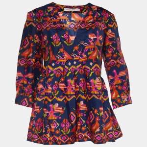 Dior Blue & Print Aztec Print Silk V Neck Blouse M