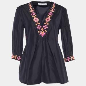 Dior Midnight Blue Cotton Silk Embellished Flared Blouse M