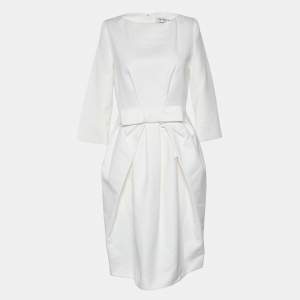 Dior Ivory Textured Cotton Bow Detail Pleated Dress M