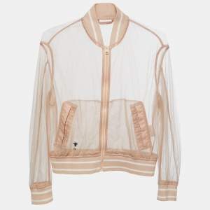 Dior Beige Mesh Bee Embroidered Sheer Bomber Jacket S