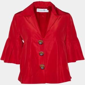 Christian Dior Red Cotton & Silk Embellished Button Detail Pleated Cropped Jacket L