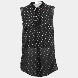 Christian Dior Black Polka-Dot Print Silk Tie-Neck Sleeveless Top S