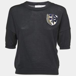 Christian Dior Black Wool Emblem Patch Detail Knit Top S