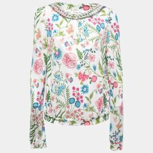 Christian Dior Multicolor Floral Printed Jersey Embellished Top XL