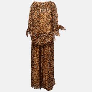 Christian Dior Brown Animal Print Silk Top & Pants Set L
