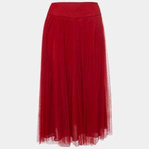 Christian Dior Red Polka Dotted Tulle Overlay Gathered Midi Skirt M