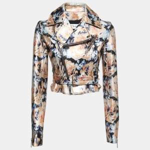 Christian Dior Black Floral Painted Lambskin Leather Biker Jacket S