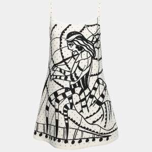 Christian Dior Cream Printed Embellished Crepe Sleeveless Mini Dress S