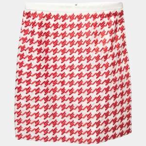 Christian Dior Haute Couture Cream/Red Houndstooth Embroidered Silk Mini Skirt S