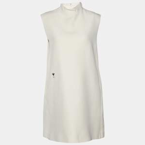 Christian Dior Beige Bee Embroidered Wool & Silk Crepe High Neck Shift Dress M