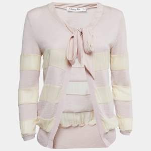 Dior Dusty Pink/Cream Wool & Silk Knit Neck Tie Detail Open Front Cardigan M