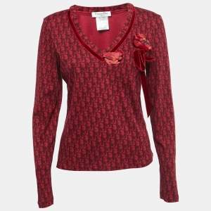 Christian Dior Boutique Vintage Red Oblique Printed Cotton Long Sleeve T-Shirt L