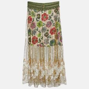 Christian Dior Gold Tulle & Multicolor Floral Printed Silk Lined Maxi Skirt M