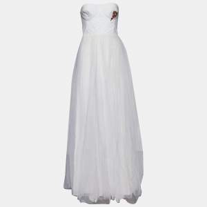 Christian Dior White Silk Bustier Heart Embroidered Bustier Tulle Gown S