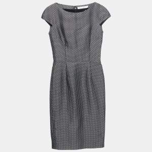 Dior Black Patterned Silk Cap Sleeved Midi Dress M
