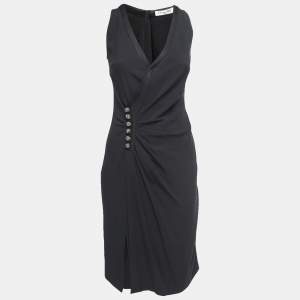Dior Black Crepe Embellished Button Detail Sleeveless Draped Midi Dress M
