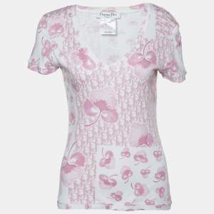 Christian Dior Boutique White & Pink Trotter Monogram Printed Cotton Knit V-Neck T-Shirt L