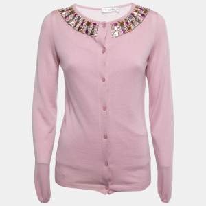 Christian Dior Pink Cashmere Knit Embellished Neck Cardigan M