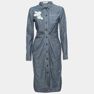 Dior Blue Denim Floral Embellished Pleated Midi Dress M