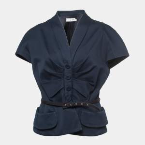 Christian Dior Navy Blue Ruched Cap Sleeve Belted Jacket L