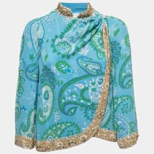 Christian Dior Blue Paisley Printed Silk Bead Embellished Draped Top M