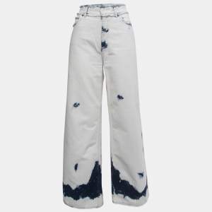 Christian Dior White/Blue Tie-Dye Denim Frayed Wide Leg Jeans M Waist 32"