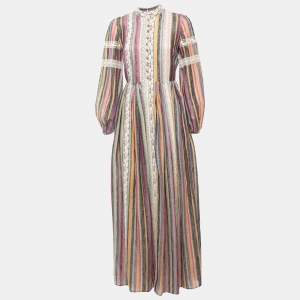 Dior Multicolor Striped Linen Lace Trimmed Long Sleeve Maxi Dress M