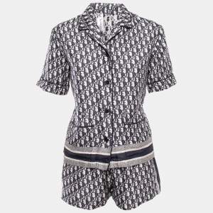 Dior Navy Blue Oblique Silk Shorts Shirt Set S