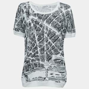 Dior White Printed Linen Blend Scoop Neck Half Sleeve T-Shirt XL