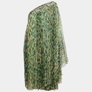 Dior Green Leopard Print Embellished Silk One Shoulder Short Dress XL